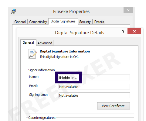 Screenshot of the iMobie Inc. certificate